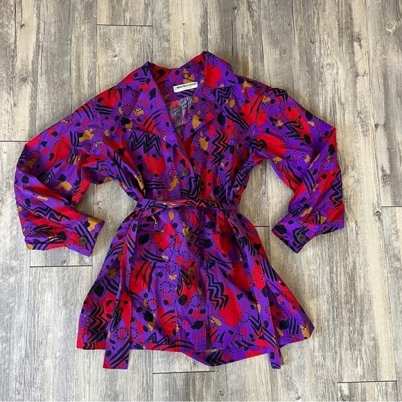 YVES Saint Laurent Vintage 1990s Purple Red Abstract Belted Shirt Jacket Dress - Picture 5 of 11